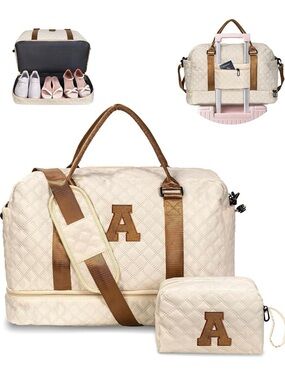 Quilted Duffel Bag Set Matching Toiletry Bag “A” Travel Gym Vogewood Ivory